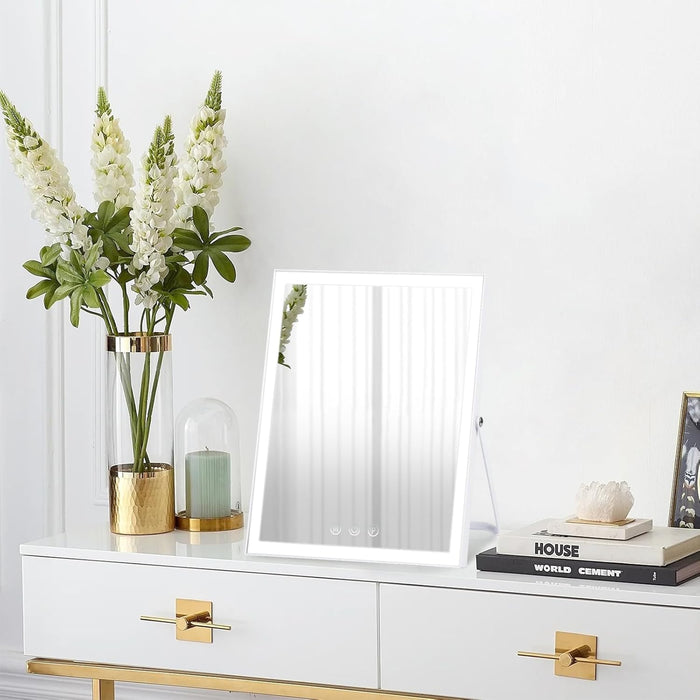 Vanity Mirror with Lights,10"X12" Lighted Makeup Mirror with 3 Color Modes, 360° Rotation Makeup Mirror with Lights, Dual Power Supply, Portable Desk Mirror, Smart Touch Control (White)