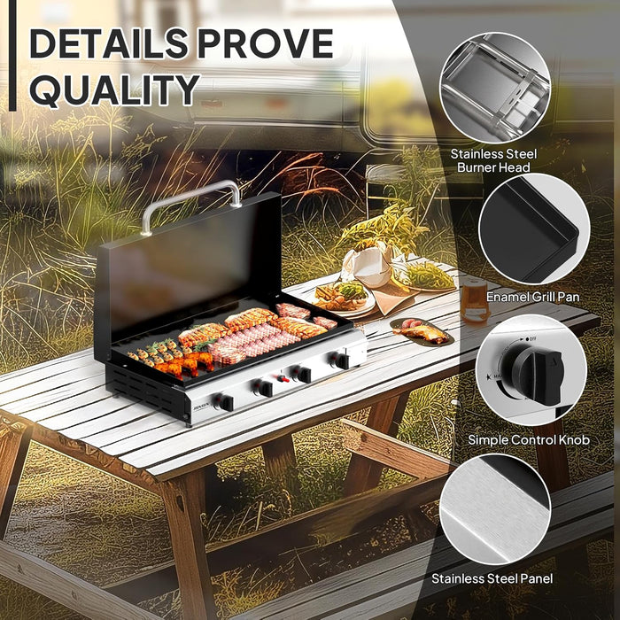 4 Burner Portable Propane Griddle with Enameled Tray & Lid, 40,000 BTU Tabletop Flat Top Gas Grill with Electronic Ignition & Regulator for Outdoor Cooking Camping BBQ Tailgating