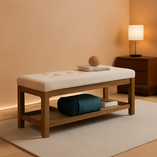 Large Rectangular Upholstered Tufted Linen Ottoman Bench, Padded Bench with Solid Wood Shelf-Ivory