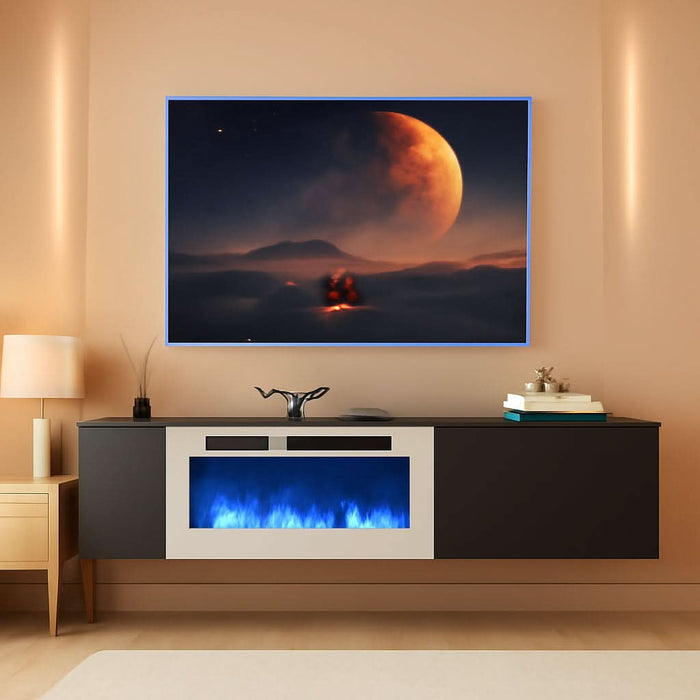 80" Floating TV Stand with 40" Electric Fireplace, Modern Entertainment Center with Storage, Adjustable 12-Color LED Lights, Fire Place TV Console for Living Room, Black+White
