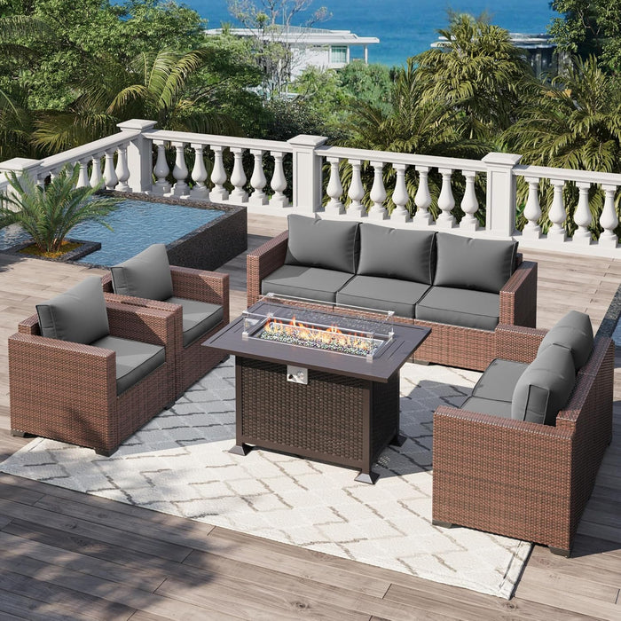 Patio Furniture Set with Fire Pit Table, 5 Pieces Outdoor Furniture Sets, Wicker Patio Conversation Sets W/Waterproof Covers for Backyard, Porch, Balcony, Poolside(Grey)