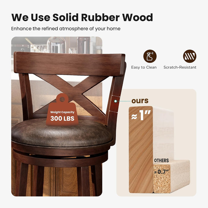 26 Inch Swivel Bar Stools Set of 3, Counter Height Bar Stools | Wooden Bar Stools, Faux Leather Kitchen Stools, Counter Height Chairs with Solid Wood Legs & Wrap-Around Footrest