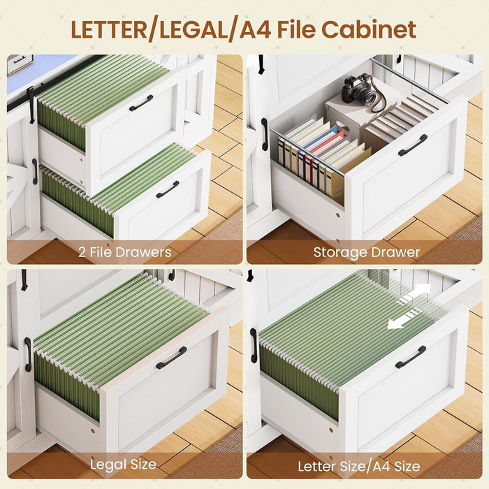 47.2" File Cabinet, 2 Drawers Filing Cabinets for Home Office Fit Legal/Letter/A4 File, Farmhouse File Cabinet with Barn Door & Power Outlet, Printer Stand with Storage & LED Light, White+Grey