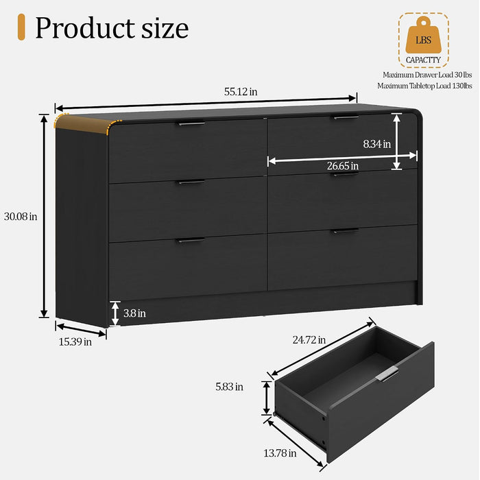 6-Drawer Dresser for Bedroom, 55" Wide Wooden Chest of Drawers Modern Dressers & Chests of Drawers for Living Room, Entryway, Home Office