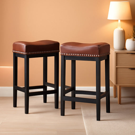 Brown Bar Stools Set of 2, Counter Height Bar Stool, Saddle Barstools, Pu Leather Stools with Metal Frame for Kitchen Island, 918P-BR