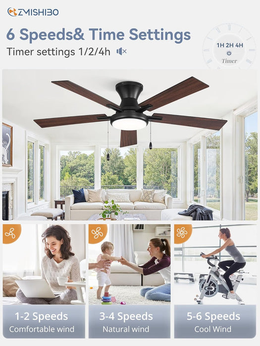 52Inch Ceiling Fans with Lights, Low Profile Ceiling Fan with Pull Chain and Remote Control, Flush Mount, Reversible, Dimmable, Noiseless, Black Pull Cord Ceiling Fan for Bedroom
