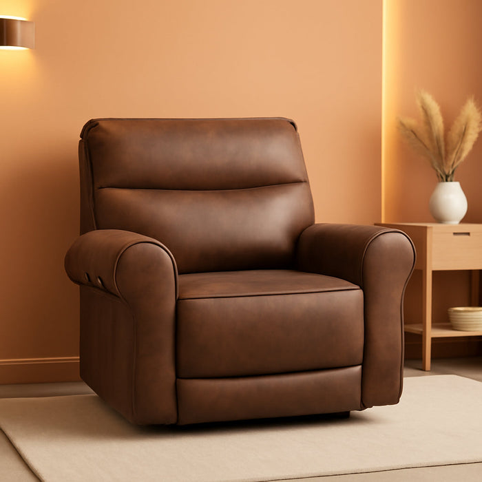 Power Wall Hugger Recliner Chair for Small Space RV Living Room, USB & USB-C Charging Ports, Modern Rolled Arm Recliner, Faux Leather PR630 (Dark Brown, Medium)