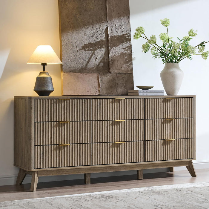63" Wide Fluted 9 Drawer Dresser for Bedroom, Grey Alder