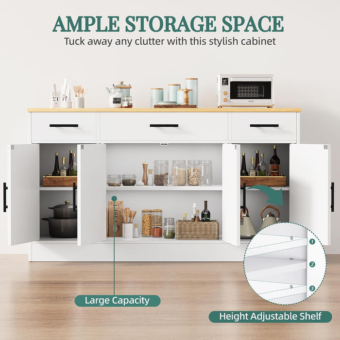 Buffet Cabinet with Storage,53.4" Large Kitchen Storage Cabinet with 3 Drawers and 4 Doors,Wood Farmhouse Buffet Sideboard with Adjustable Shelf for Kitchen Living Room, White