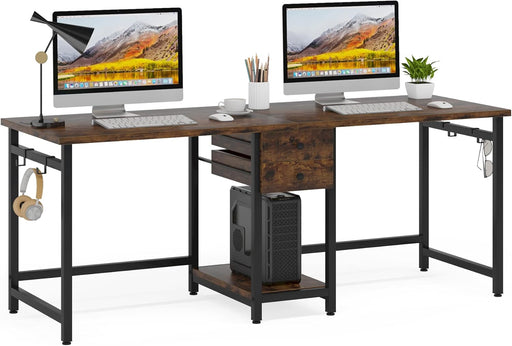 79" Double Desk, Two Person Desk with Storage Drawer, Long Desk Home Office Desks for 2 Person, Rustic Brown
