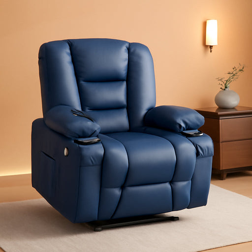 Large Power Lift Recliner Chair Sofa with Massage and Heat for Big and Tall Elderly People, 3 Positions, Cup Holders, and USB Ports, Faux Leather 7539 (Large, Navy Blue)