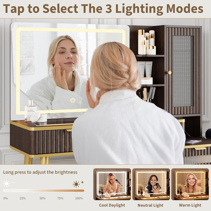 Fluted Makeup Vanity Desk with Mirror and Lighits, 48" Modern Glass Top Vanity Table with Charging Station, Vanity Mirror with Adjustable Brightness, Dressing Table for Bedroom, Dark Walnut