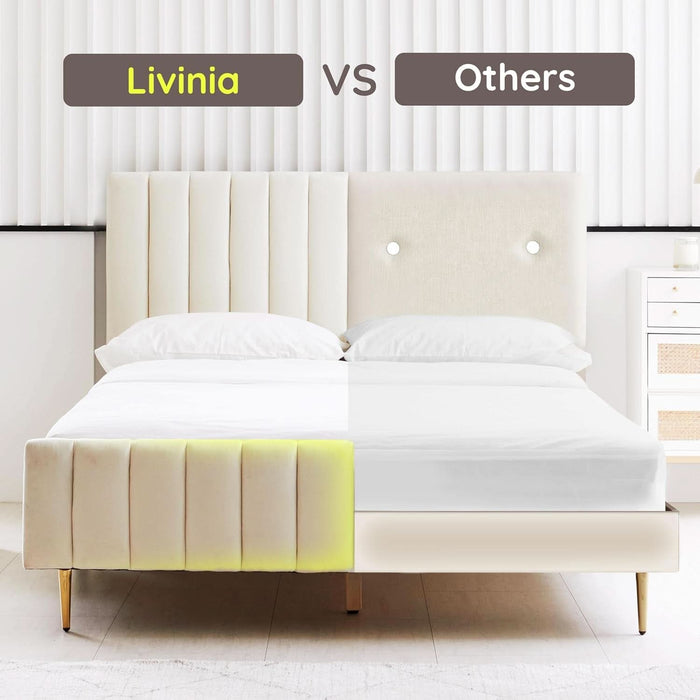Queen Size Elton Velvet Platform Bed, Upholstered Bed Frame with Vertical Channel Tufted Headboard Footboard, Strong Wood Slats, No Box Spring Needed, Ivory (Queen)
