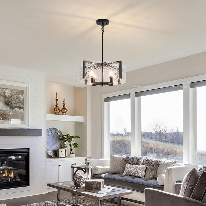 Black Drum Glass Chandelier With Crystal Ripple Shade