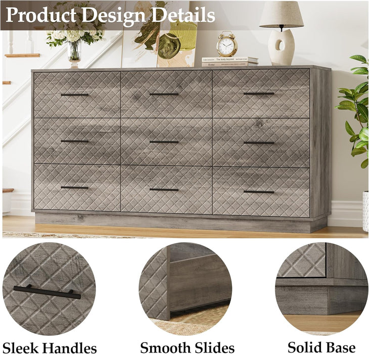 9 Drawers Dresser for Bedroom, 58” Wide Modern Chest of Drawers with Diamond Panel, Anti-Tipping Device, Wood Stable Storage Organizer for Bedroom, Nursery, Living Room