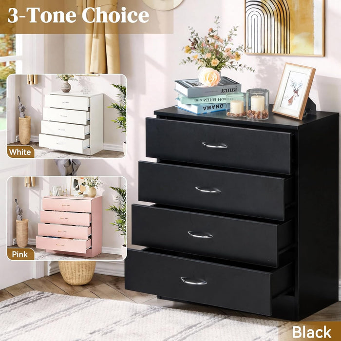 Black 4 Drawer Dresser for Bedroom, Modern Nightstand Storage Chest of Drawer, Wooden Side Table End Table, Living Room, Reception Room