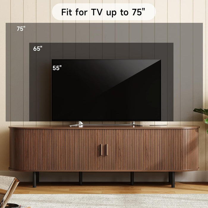 70.8" TV Stand with Power Outlet for Tvs up to 75 Inch, Entertainment Center with Storage and Adjustable Shelves, Modern Media Console with Sliding Doors for Living Room, Walnut