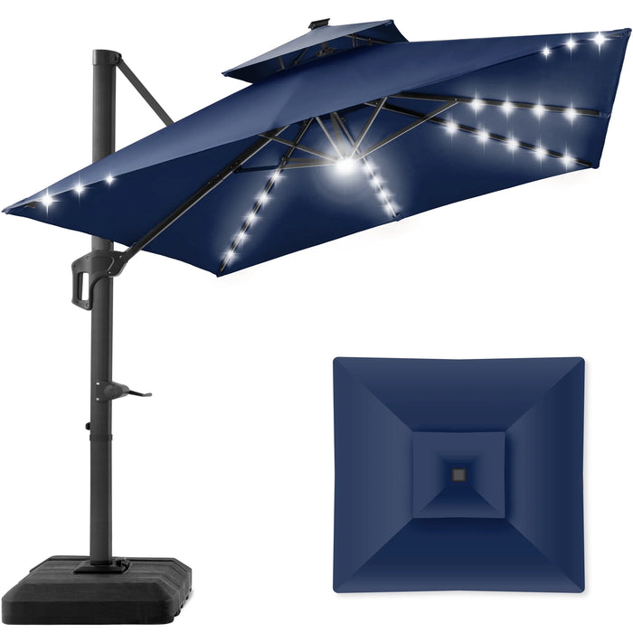 10X10Ft 2-Tier Square Outdoor Solar LED Cantilever Patio Umbrella W/ Base Included - Navy Blue