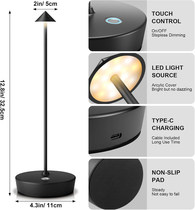 Set of 2 LED Cordless Table Lamp, Rechargeable Battery Operated Dimmable Restaurant Table Lamp, 6000Mah, Outdoor Patio Black