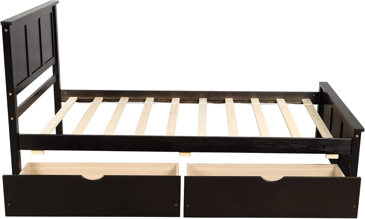 Twin Platform Beds with Storage Drawers Solid Wood Twin Bed Frame with Headboard and Footboard, No Box Spring Needed, Espresso