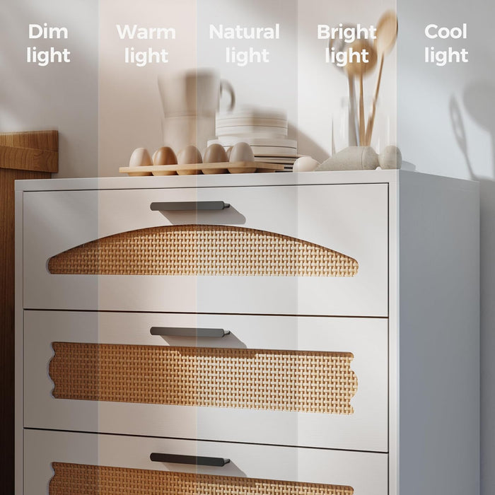 White Rattan Dresser With Industrial Metal Handles