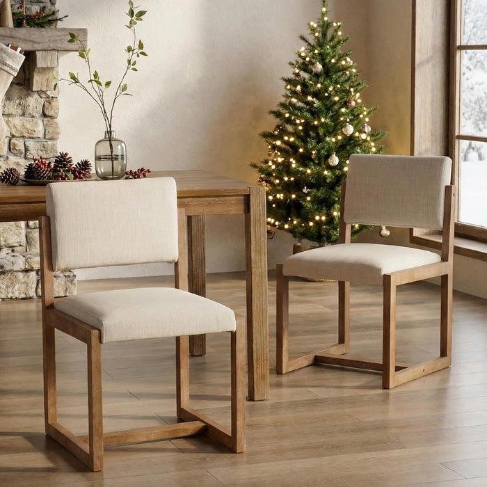 Upholstered Dining Chairs Set of 2, Mid-Century Modern Dining Room Chairs, Linen Fabric Kitchen Side Chairs with Wood Legs, Beige