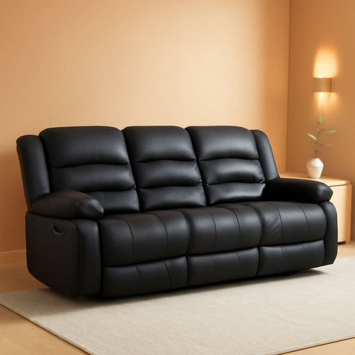 Faux Leather Manual Reclining Sofa with 2 Concealed Cup Holders, Overstuffed Armrest 3 Seat Recliner Sofa, Couch for Living Room, Meeting Room, Bedroom, Black