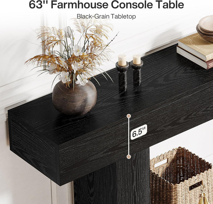 63" Console Table, Farmhouse 2-Tier Entryway Table with U-Shaped Base, Narrow Long Wood Sofa Table behind Couch Table for Living Room, Hallway, Foyer, Black