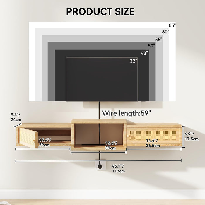 Modern Rattan Floating TV Stand with Doors,Wall Mounted TV Shelf for Tvs up to 55 Inches,Media Console Entertainment Center for under TV Storage Cabinet for Living Room Bedroom,Natural UWST012N