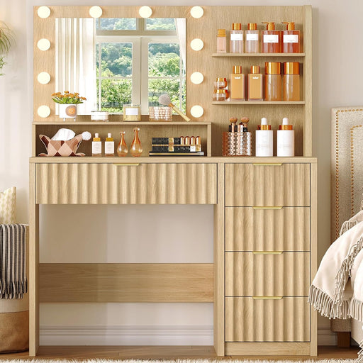 Fluted Vanity Desk with Mirror and Adjustable LED Lights, Makeup Vanity with 5 Drawers & Storage Shelves, 3 Color Modes & Adjustable Brightness, Vanity for Girls, Natural Oak