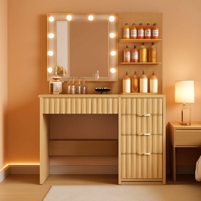 Fluted Vanity Desk with Mirror and Adjustable LED Lights, Makeup Vanity with 5 Drawers & Storage Shelves, 3 Color Modes & Adjustable Brightness, Vanity for Girls, Natural Oak