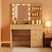 Fluted Vanity Desk with Mirror and Adjustable LED Lights, Makeup Vanity with 5 Drawers & Storage Shelves, 3 Color Modes & Adjustable Brightness, Vanity for Girls, Natural Oak