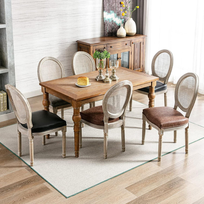 Farmhouse Leather Dining Chairs Set of 2 French Country Kitchen & Dining Room Chairs with round Mesh Rattan Back, Armless Upholstered Cane Kitchen Chairs for Restaurant/Living Room, Brown