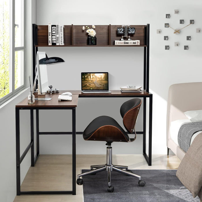 Reversible L-Shaped Desk with Hutch, Space Saving Corner Computer Desk with Storage Shelves, Home Office Study Writing Desk Computer Workstation with Storage Bookshelf, Gaming Desk
