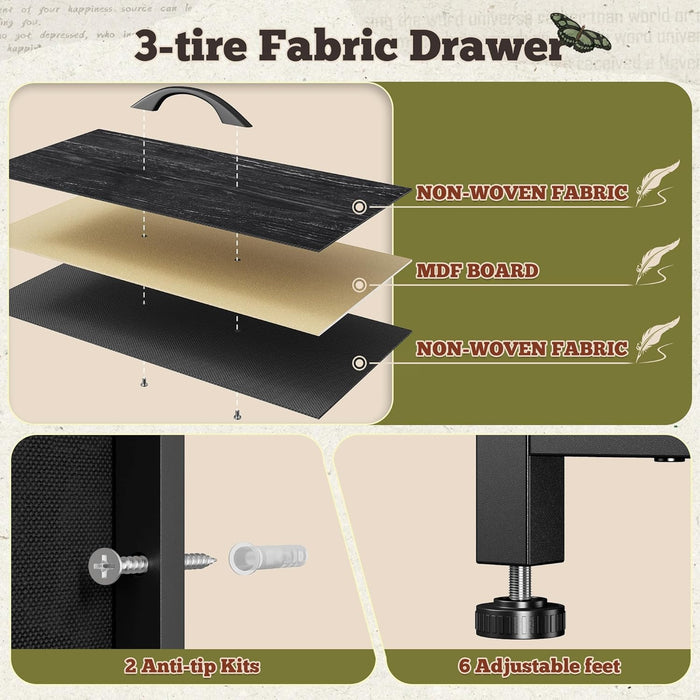 55" W Dresser for Bedroom with 9 Drawers LED TV Stand with Power Outlets for 45, 55, 65 Inch TV Sturdy Long Chest of Drawers with Extra 2 Wooden Shelves Steel Frame Grain Black