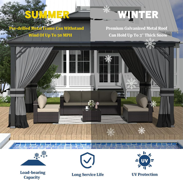 12x14 Gray Hardtop Gazebo Outdoor Weatherproof Netting