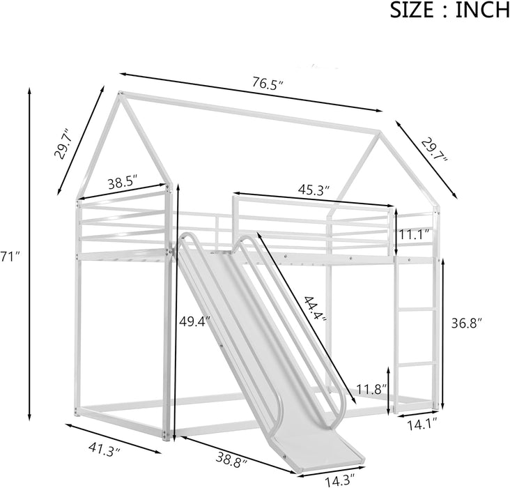 Twin over Twin Metal Floor Bunk Bed with Slide,Metal Junior House Twin Size House Bunk Bed Frame with Ladder & Roof for Boy Girl, No Box Spring Needed,Low Bunk Bed Frame with Convertible Slide