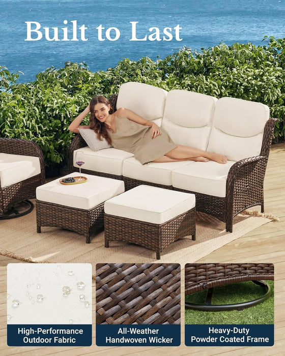 Luxury Outdoor 5-Pieces High Back Patio Furniture Set with 6'' Thick Cushions, 3-Seater Sofa with Swivel Rocker Chairs and Ottomans, Ideal for Porch, Poolside, Deck, and Yard (Cream White)