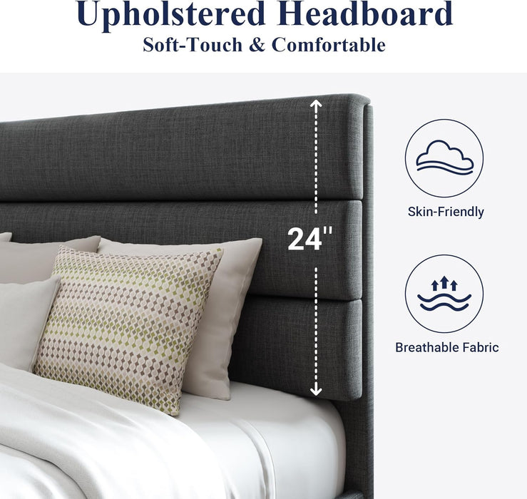 Full Size Platform Bed Frame with Fabric Upholstered Headboard Gray