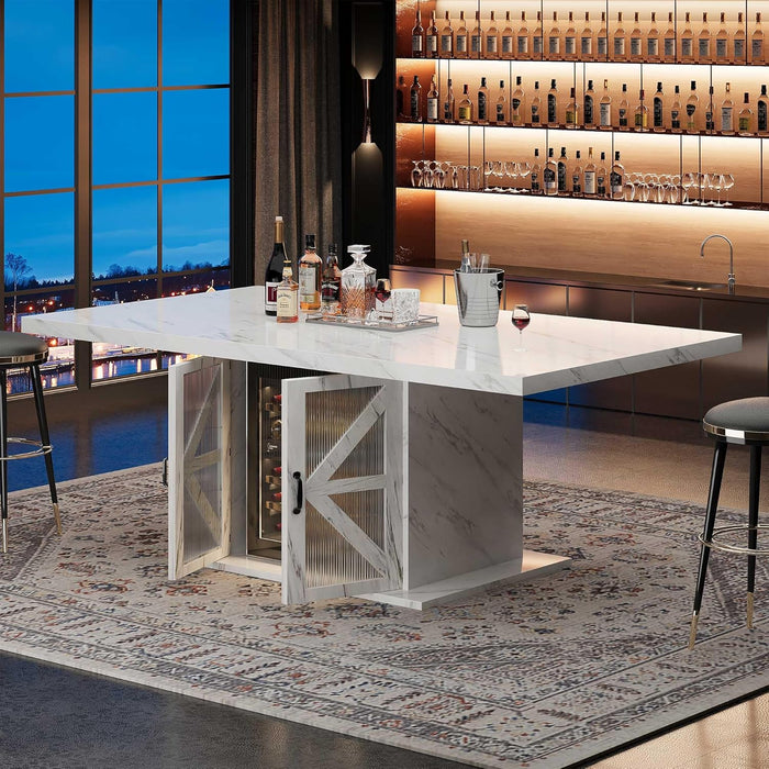 Modern Dining Table for 4 to 6, White Rectangle Kitchen Table with Storage, Wooden Pedestal Dining Room Table with Fridge Space, Large Dinner Tables for Home,Living Room,White Faux Marble, 63 Inch