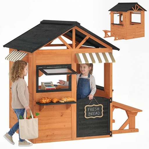 Large Wooden Brown Outdoor Playhouse With KitchenBench