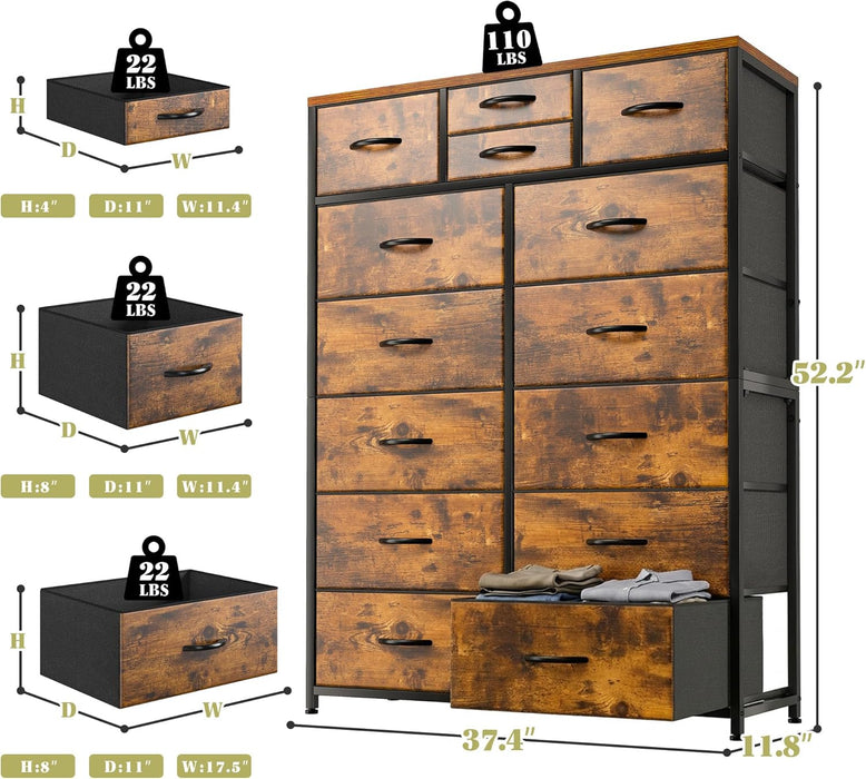 Dresser for Bedroom with 10+4 Storage Drawers, Chest of Drawers, Sturdy Metal Frame & Wood Top, Hallway, Closets, Living Room, 52.2" H X 37.4" W X 11.8" D, Rustic Brown