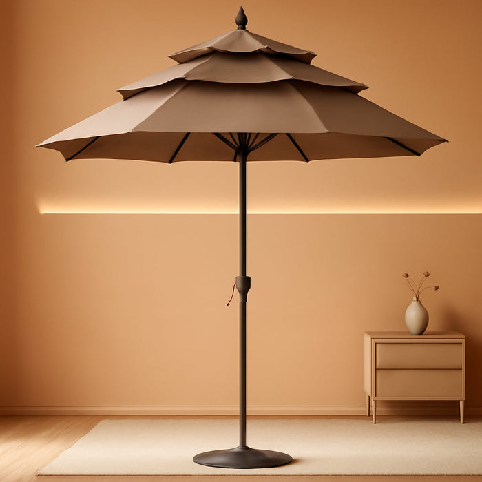 OLEFIN® 5-Year No Fading 9FT 3 Tiers Patio Umbrella, Outdoor Table Umbrella with 8 Sturdy Ribs for Deck, Backyard, Garden, Yard (Khaki)