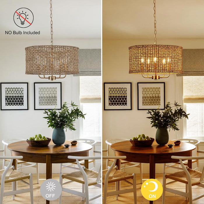 Golden Handwoven Rattan Drum Chandelier Dining Room
