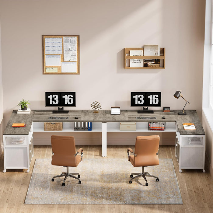 L-Shaped Desk with Drawers, 63" Executive Office Desk with Mobile File Cabinet and Storage Shelves, Home Office Business Furniture Set (Gray, White)