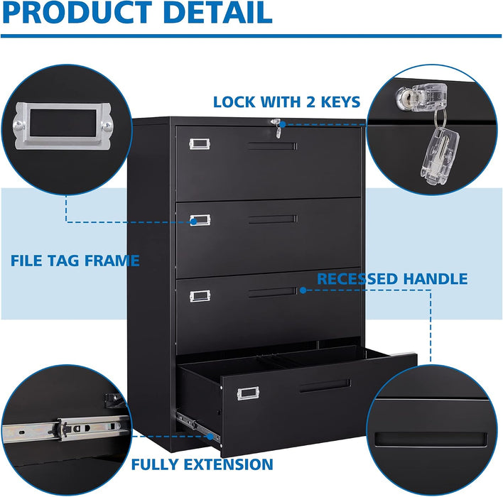 4 Drawer Filing Cabinet with Lock Metal Lateral File Cabinet Office Home Steel Lateral File Cabinet for A4 Legal/Letter Size Wide Metal Cabinet Locked,Assembly Required (4 Drawer, Black)