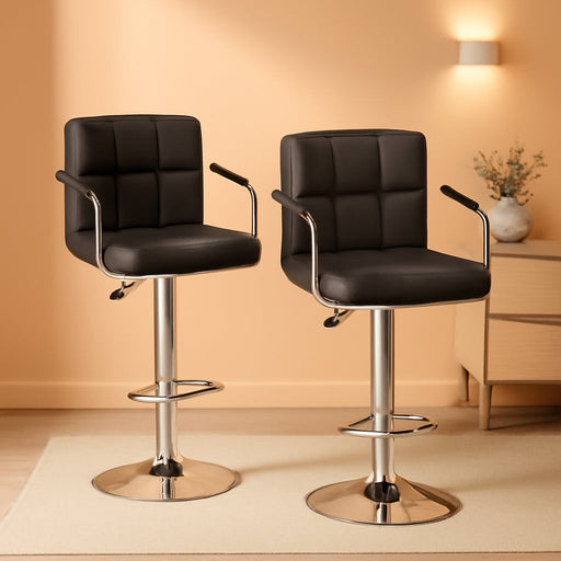 Modern Bar Stool Set of 2 Barstools Armrest Height Adjustable Counter Stools Bar Chairs Swivel Bar Stool PU Leather Hydraulic Dining Room Chairs Home Kitchen Stools (Black)
