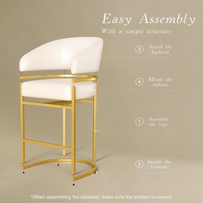 Modern Counter Height Bar Stools,Bar Stools Set of 3,PU Leather Upholstered Barrel Barstools with Backs,26" Kitchen Island Chairs,Metal Gold Frames,Support 480 Lbs,Beige White Leather