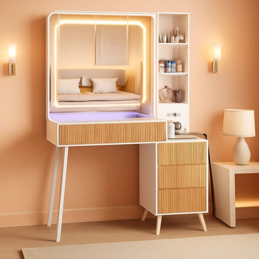 44" Vanity Desk with Mirror and Lights, Makeup Vanity Desk with Power Outlet, Makeup Desk with 5 Drawers&Storage Shelves, Vanity Table 3 Color Adjustable Brightness Dressing Table Set for Bedroom