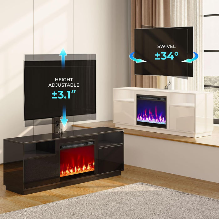 Fireplace TV Stand with Led Lights and Power Outlets, Entertainment Center with Electric Fireplace, Swivel TV Stand Mount for 45/55/60/65 Inch Tvs, Height Adjustable TV Console, White